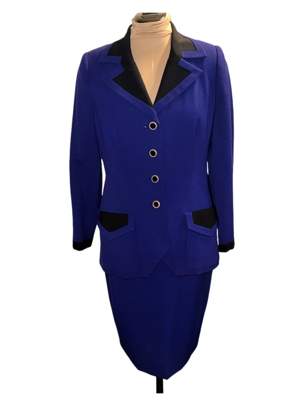David Hayes 1990’s Vintage Royal Blue Skirt Suit 100% Wool Size 10